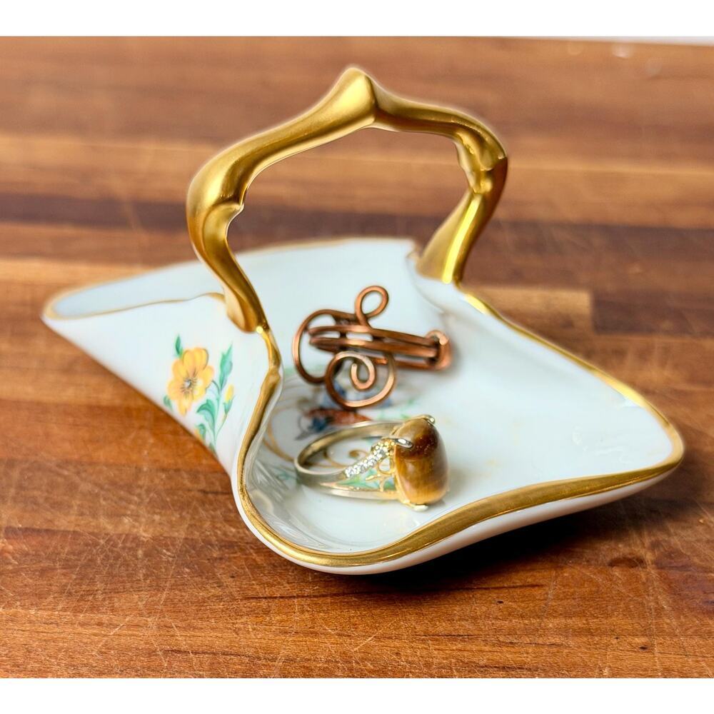 Vintage Limoges Castel Porcelain Basket Dish: Bird Floral Gold Gilt Handle - Picture 14 of 15